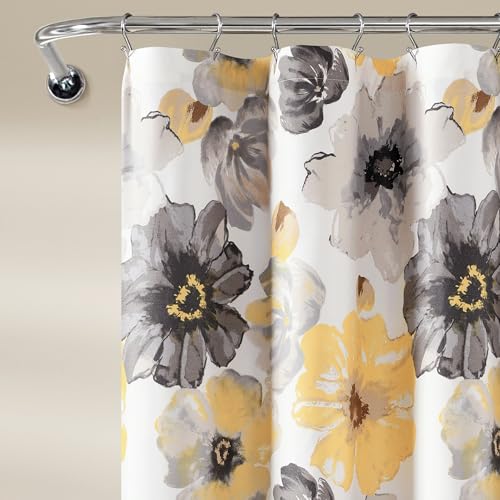 Image of Lush Decor Leah Floral Shower Curtain, 72 inch W x 72 inch L, Yellow & Gray - Fabric Shower Curtains - Watercolor Botanical Bathroom Curtain - Farmhouse & French Country Decor