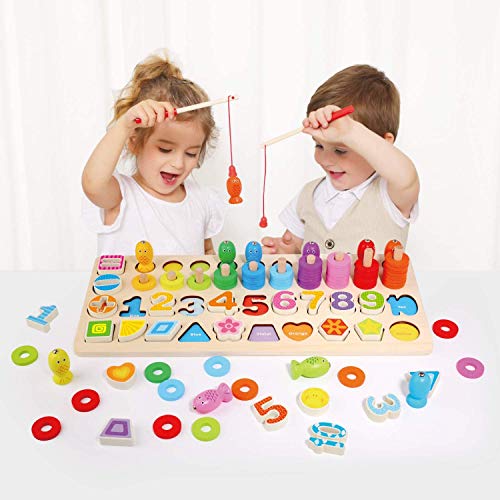 Wooden Number Puzzle Sorting Montessori Toys for Toddlers - Shape Sorter Game for age 3 4 5 6 year olds kids - Preschool Education Math Stacking Block - 5 In 1 Learning Wood Toys Jigsaw Board