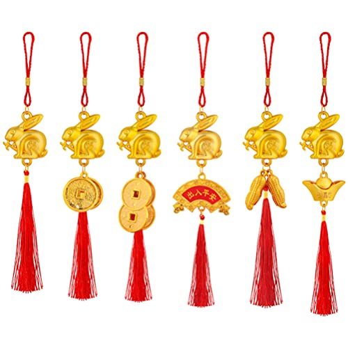FOMIYES 6 Pièces 2023 Décorations Du Nouvel An Lapin Porte-Bonheur Glands Suspendus Rouges Pièces Feng Shui Porte-Bonheur Nœud Décoration Pour Richesse Fortune Succès Cover