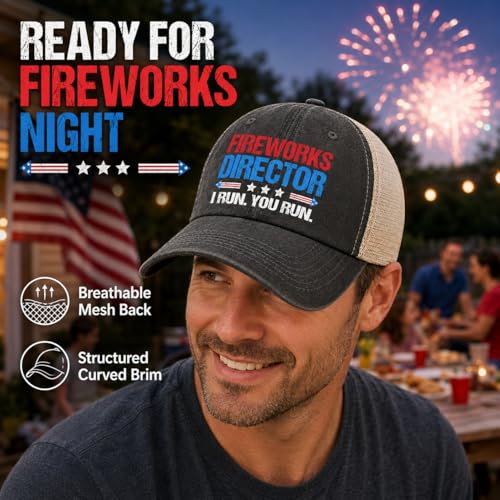 Image of 4th of July 250th Anniversary Dad Hats - Just Here for the Fireworks, Fireworks Director - Patriotic Baseball Cap