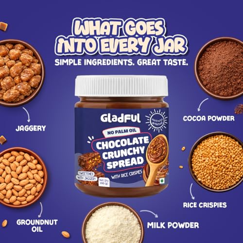 Image of Gladful Chocolate Crunchy Spread | 300g | No Palm Oil | No Refined Sugar | With Crispy Rice | Clean Ingredients | Healthy Chocolatey Spread