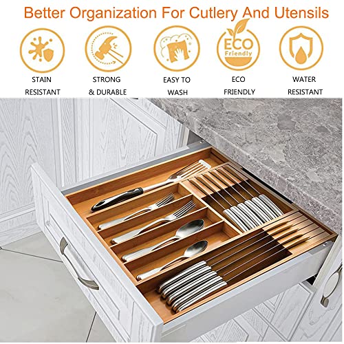Organizador de gaveta de cozinha de bambu premium - Organizador de talheres - Suporte de utensílios