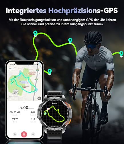 GPS Smartwatch Herren mit LED Taschenlampe,1.43‘’Amoled Display,Fitnessuhr mit 530 mAh Große Batterie,10ATM Wasserdicht,120+ Sport Modi,Herzfrequenz/Schrittzähler/Höhenmesser/Kompass für iOS Android – Bild 3