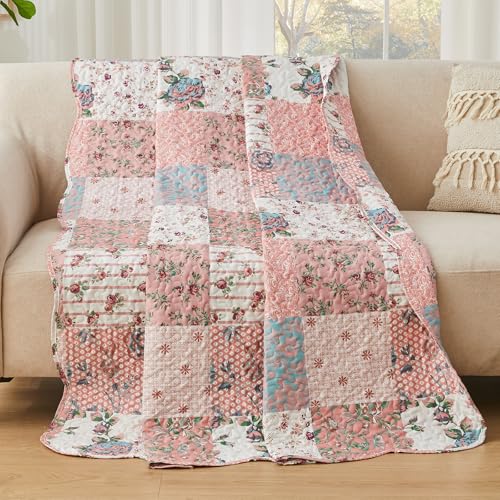 Qucover Patchwork Tagesdecke Patchworkdecke 150x200cm Rosa, Leicht Bunt Tagesdecke Einzelbett Sofadecke, Decke Blumen Ultraschall genäht im...