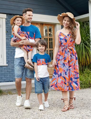 Image of PATPAT Family Matching Outfits Mommy and Me Dresses Hawaiian Tropical Vacation Beach Spaghetti Strap Dress and Shirt