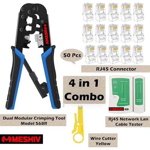 Image of RJ45 Networking Crimping Tool Kit - Meshiv Crimping Machine for Cat6A, Cat5E, Cat5, Ethernet - 50PCS RJ45 Connector, Network Lan Tester, Cut and Strip Tool (4 in 1 Tool Kit)