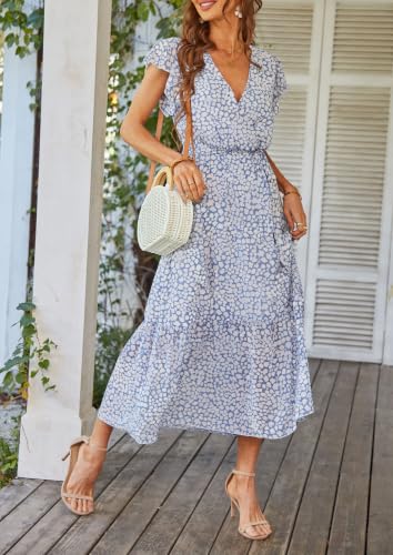 Image of PRETTYGARDEN 2023 Women's Floral Summer Dress V Neck Short Sleeve Ruffle Hem A-Line Boho Maxi Dresses