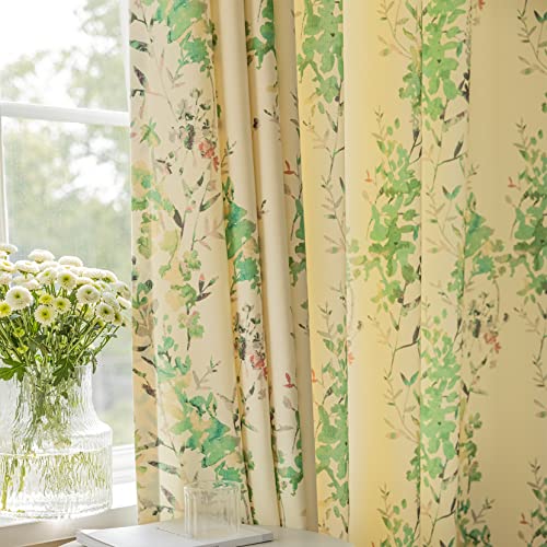 Suouo Light Filtering Chenille Curtains For Living Room Bedroom Printed Green Foliage Botanical Leaf Window Drapes Set 2 Panels 96 Inch Length Cyan #TOP2