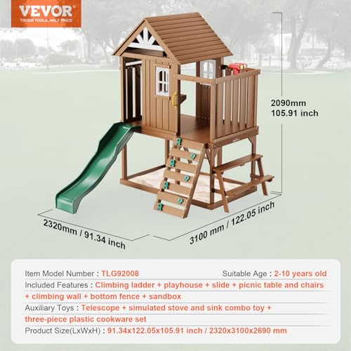 VEVOR Outdoor Wooden Playhouse, Modern Cedar Playhouse for Age 3-10 Years Kids, Garden Games Cottage, Country Style Cedar with Slide, Ladder, Climbing Wall, Windows, Picnic Table and Bench - Thumbnail 7