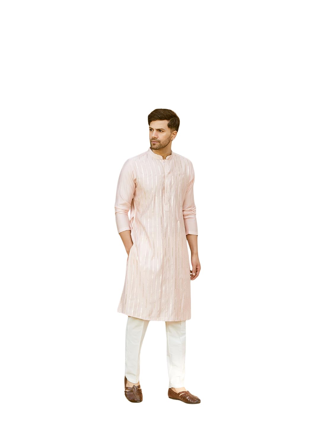 See Designs Men Full Sleeve Pink And Gold Chanderi Silk Sequins Mandarin Collar Side Slit Kurta With Pyjama - Sdkt242101S