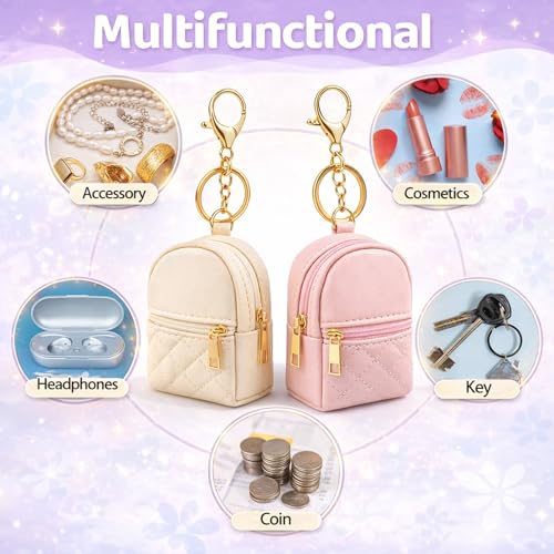 2 Pcs Mini Keychain Backpack, Cute Cosmetic Bag for Women Creative Pendant Keychain Keyrings PU Leather Makeup Bag Key Pocket Lipstick Bag Card Holder Zipper Pouch(Pink+Beige) - Image 7