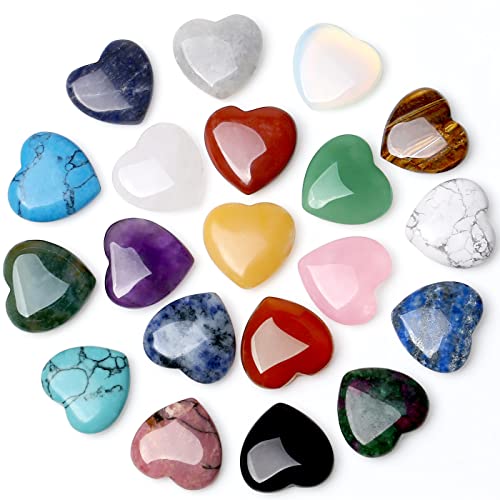 natural gem stones - 20 PCS Natural Heart Crystals Healing Crystal Palm Pocket Stones Polished Love Shaped Gemstones Rose Quartz Amethyst Assorted Set Bulk Wholesale Reiki Energy Balancing Meditation Gift 0.8