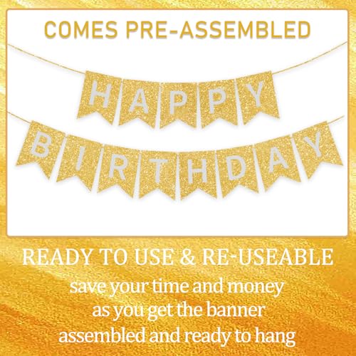 Image of Gold Happy Birthday Banner - 16 ft Pre-Strung Gold Birthday Party Decorations Sign for Girls, Boys, Kids, Women - No DIY Hanging Backdrop for Indoor & Outdoor Celebrations