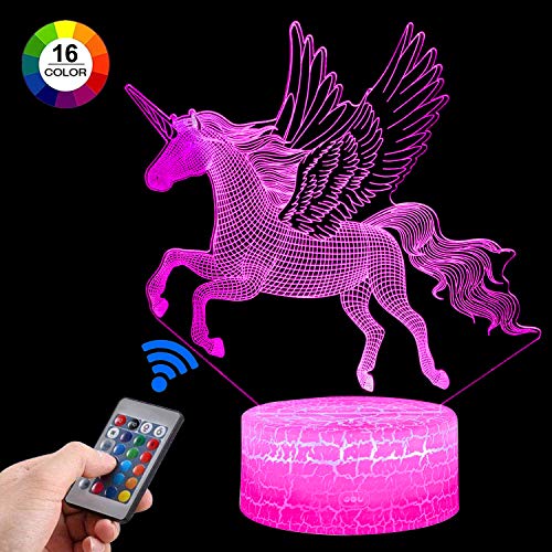 Palawell Unicorn Gifts Unicorn Night Light for Girls, Led Illusion Lamp Unicorn Toys for Girls Birthday Gift, Kids Toys Room Decor Lighting as Christmas Gifts - 16 Color Bedside Lamp Remote Control