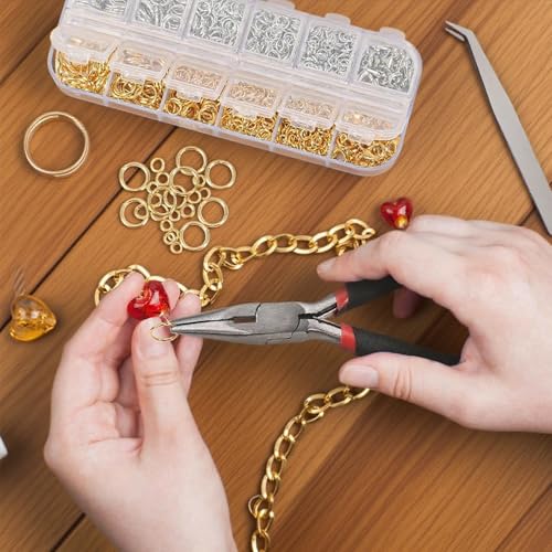 OdiuK Biegeringe für Schmuckherstellung 2406 Stück Spaltringe Verschlüsse mit Schmuckzange und Ring öffner, 4mm bis 10mm Metall Kettenringe DIY Sprung Ringe für Halskette Armbänder (Silber und Gold)