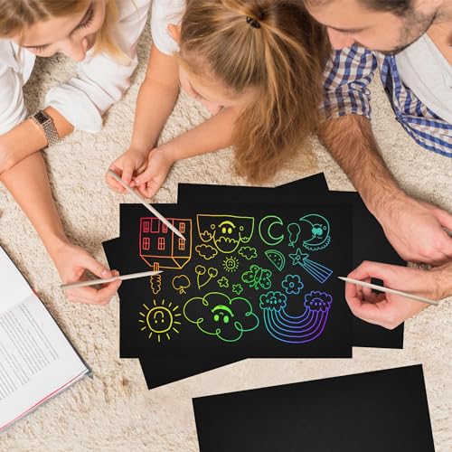 50 piece rainbow scratch paper - 4 wooden styluses included - create rainbow scratch art with this jumbo craft pack