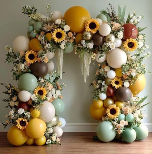 Green Brown Balloon Arch Double Stuffed Latex Sage Green White Gold Balloons Mustard Yellow White Balloon Garland For Birthday Baby Shower Safari Jungle Wooland Garden Theme Party Decor