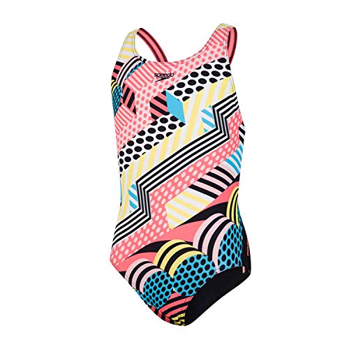Speedo Leaderback con Inserto Digital DazzleSpark Bañador, Niñas, Negro/Blanco/Turquesa/Rojo Fénix, 11-12