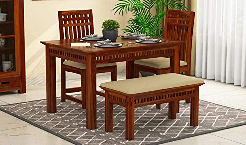 Image of Sheesham Wood 4 Seater Dining Table Set with Chair | Dining Table Set | Wooden 4 Seater Dining Table | with 2 Chairs 1 Bench | Dining Room Furniture Set | Maple Finish
