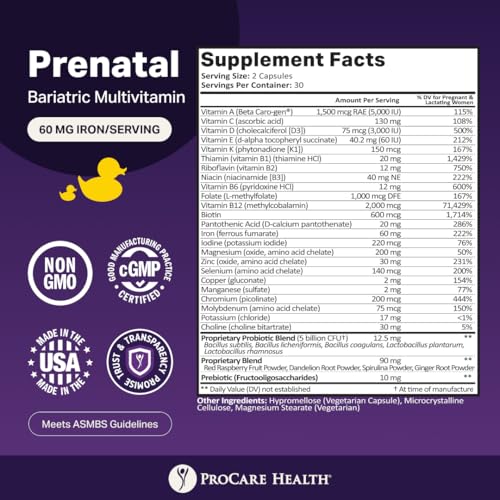 Image of ProCare Health Prenatal Bariatric Multivitamin with Iron (60 Easy to Swallow Capsules) - for Women, Bariatric Vitamins for Gastric Bypass & Gastric Sleeve (1 Month Supply)