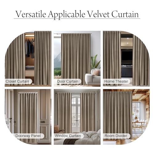 Image of Camel Beige Sliding Door Curtains - Super Soft Velvet Thermal Insulated Drapes Luxury Back Tab Privacy Room Dividers for Living Room Theater Store Office, W100 x L96, 1 Panel