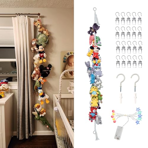 Image of 1 PCS Stuffed Animals Storage Chain Organizers 80 inch Cotton Hanging Storage Chain with 20 Metal Clips and 10 LED Light Stuffed Animal Display Holder Chain for Nursery Play Room (1PcsWhite)