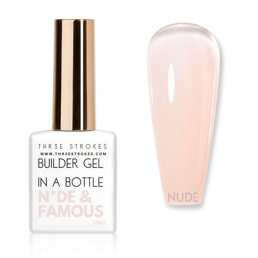 THR3E STROKES BIAB Clear,Pink,Nude,White Builder Gel for Nails, 15ml Nail Strengthener in a Bottle, Nail Extension Hard Gel, Soak Off Long Lasting UV Light Cure, Base Coat Top Coat Needed (15ML) (NUDE)