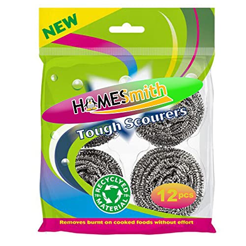 HOMESmith - Stainless Steel Scourers - Heavy Duty Scouring Pad - Anti Rust Wire Wool Scourers for Cleaning Pots, Pans, Grills & Ovens - Pack of 12