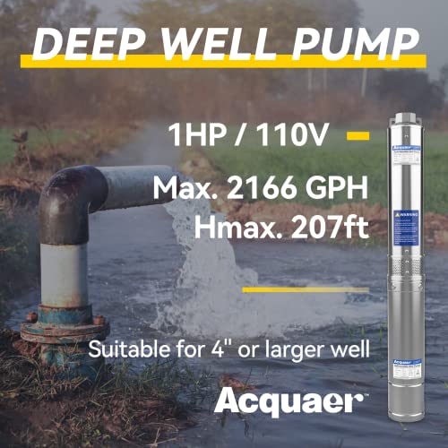 Acquaer 1 Hp 110V Deep Well Submersible Pump, 36 Gpm, 207' Head, Stainless Steel, 4'' Deep Well Water Pump For Irrigation, Home, Industrial, 10Ft Copper Power Cord #TOP1