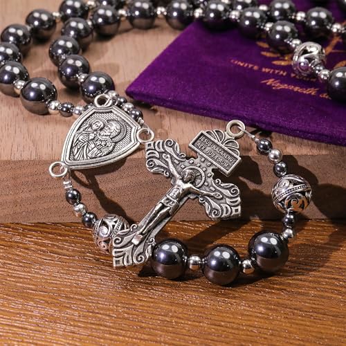 Image of Nazareth Store Hematite Rosary Black Stone Beads Necklace Metal Beaded Silver-Plated Medal & Cross for Men NS