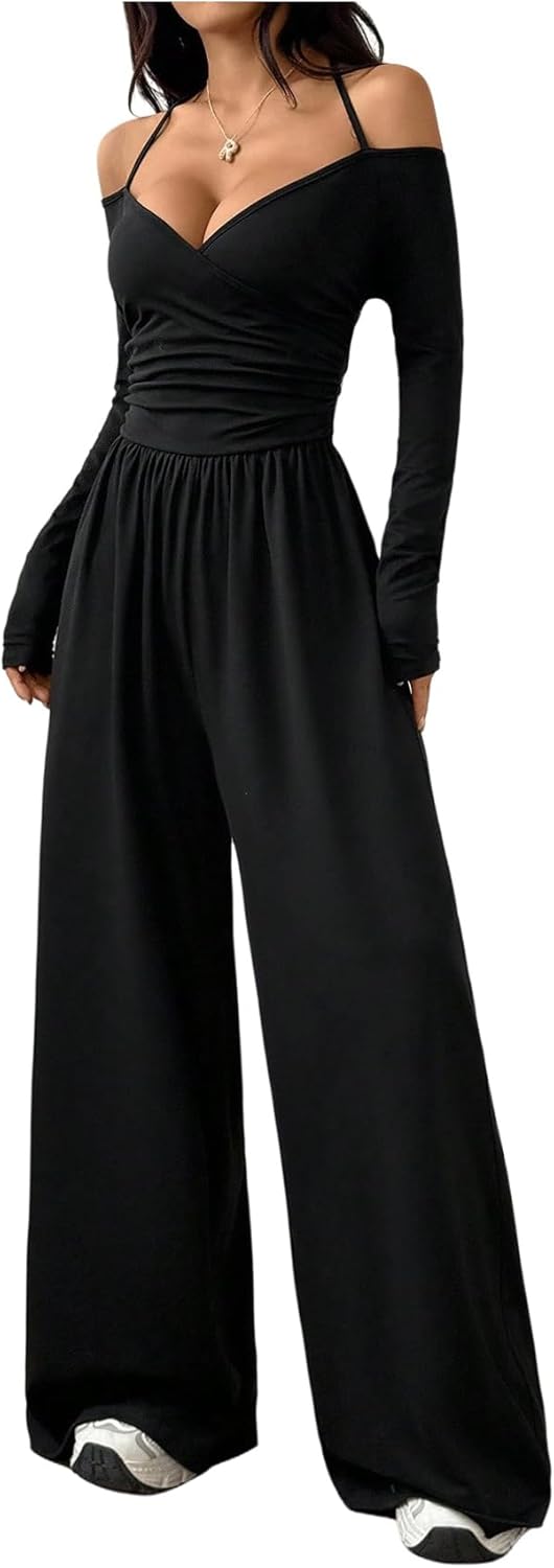 SOLY HUX Women's Wide Leg Jumpsuit Halter Off the Shoulder Long Sleeve Ruched Baggy Pants Romper