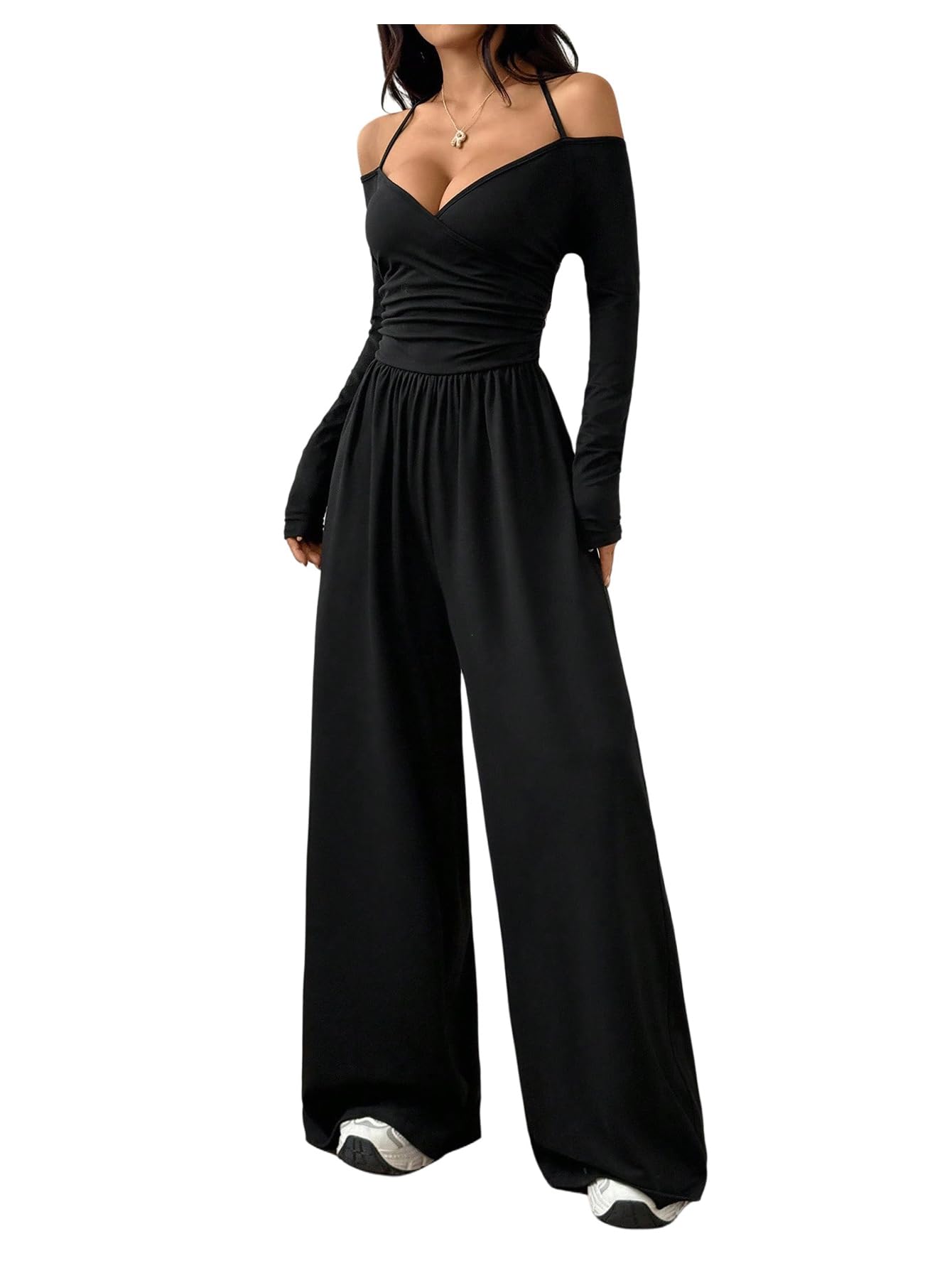 Women's Wide Leg Jumpsuit Halter Off the Shoulder Long Sleeve Ruched Baggy Pants Romper-image-19