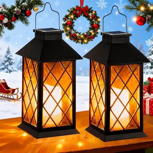 Joycome Lanterne da Esterno 2 Pezzi Lanterna Solare da Giardino con Candele Tremolante, Lampada Solari da Appendere Impermeabile Lampade da Tavolo per Arredo Terrazzo Balconi Decorazioni - Nero