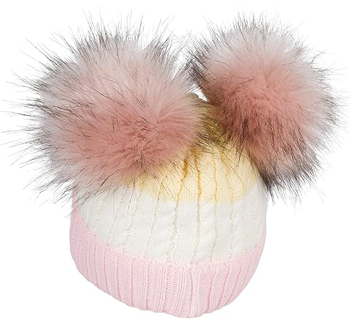 styleBREAKER Gorro de Punto para niños, 3 Rayas de Colores, 2 Bolitas de Piel sintética, Forro Polar, 2-5 años 04024204, Color:Rosa-Crema-Amarillo