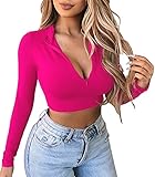 Artfish Women's Long Sleeve Quarter Zip Crop Tops Fleece Lined V Neck Fitted Sexy Cropped Shirts Valentines Hot Pink, S