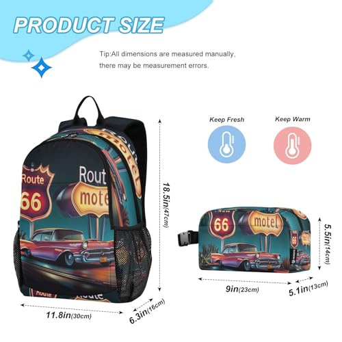 Kids Backpack Motel Route 66 School Bookbag with Lunch Bag for Boys Girls Preschool Kindergarten Elementary Laptop Daypack2