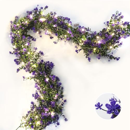 RECUTMS Faux Lighted Mantle Garland Purple Artificial Hanging Greenery 3Pcs
