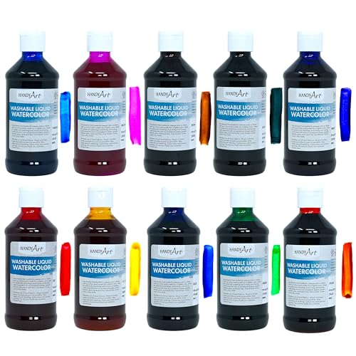 Handy Art Washable Liquid Watercolor, Set of 10 Colors, 8 oz Bottles, Dye-Based Color, Easy to Dilute with Water, Ready to Use Concentrated Paint, Certified Safe & AP Non-Toxic, Made in USA