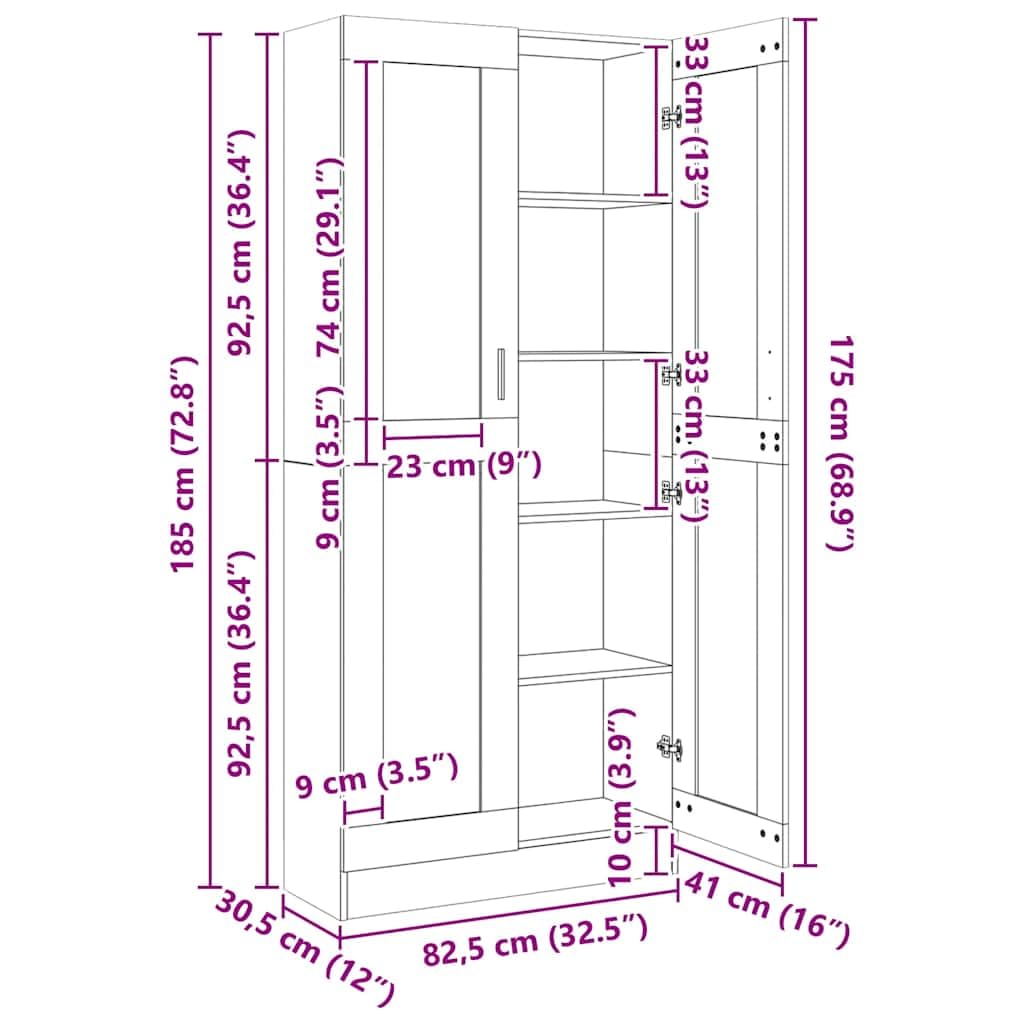 Armario genérico vitrina gris hormigón 82,5 x 30,5 x 185,5 cm, estantería de madera de ingeniería con 5 compartimentos y 2 puertas, almacenamiento para libros, revistas, DVD y decoración