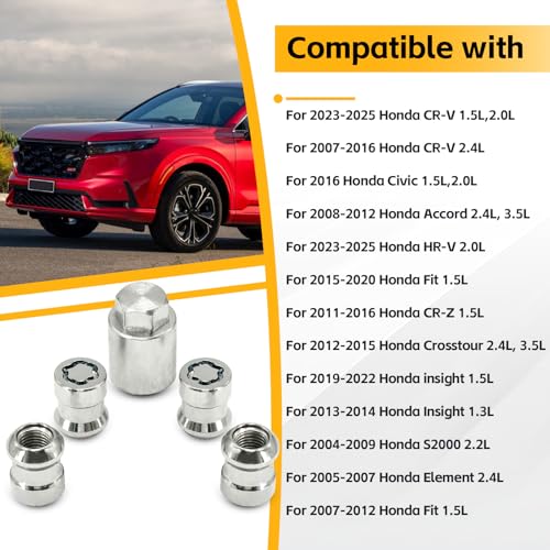 Image of Wheel Lock Lug Nut Set Fit for Honda CR-V 2007-2025 Civic 2016 Accord 2008-2012 Alloy Wheel Lock 4Pcs Replace# 08W42-SCV-101,08W42-SCV-102,08W42-SCV-100, PREO-CV3-066, PREO-HRV-045, PREO-INS-055