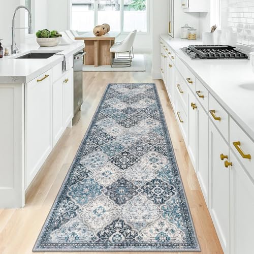KILOCOCO 2.6x10 Runner Rug, Moroccan Super Soft Washable Hallway Entryway Rug, Accent Print Faux Wool Kitchen Runner 10 Ft Non-Slip Boho Carpet for Laundry Bedroom, Blue/Multi