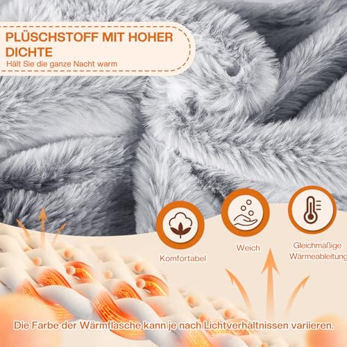 BOLEi Extra Lang Wärmflasche mit Bezug Flauschig,Auslaufsicher & Geruchlos,73cm Nackenwärmflasche Kann Zugebunden Werden,Geschenke für Männer Frauen(Lang-Grau)