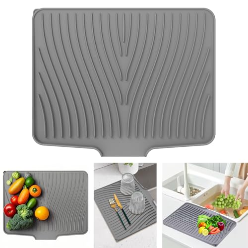Silicone Dish Drying Mat for Kitchen Counter, Dish Drying Pad Non-Slip Dish Drain Pad with Built-in Drain Lip, Easy Clean Drain Rack Dish Mat for Kitchen Counter, Kitchenware(15.8