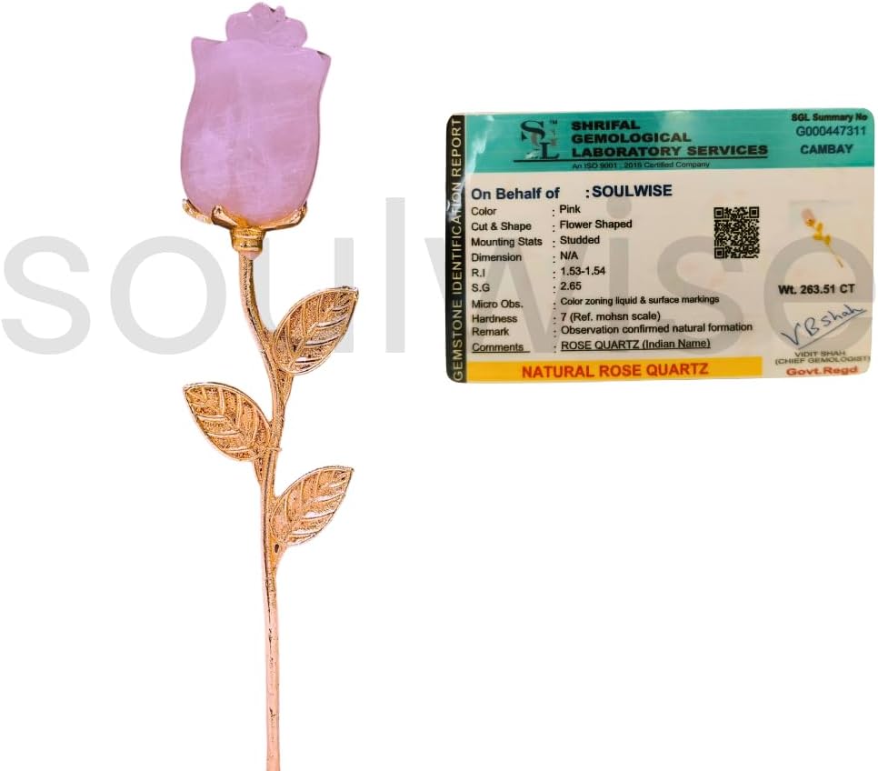 Natural Rose Quartz Crystal Rose with Gold-Toned Stem, Certified Gemstone, Unconditional Love, Healing Crystal Valentine Gift
