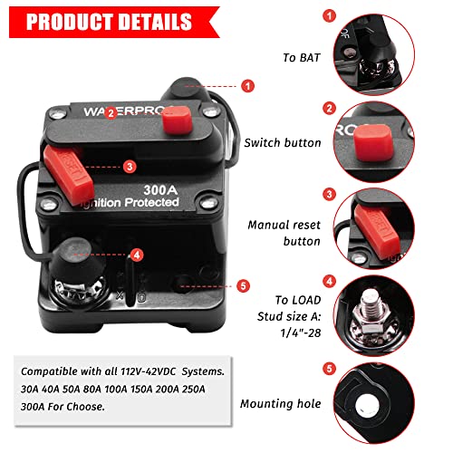 Kedakeji 300 Amp Circuit Breaker Manual Reset For Car Marine Trolling Motors Boat Atv Manual Power Protect 12V-48Vdc, With Wire Lugs Copper Washer Screw #TOP1