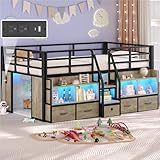 busyaeh Loft Bed Twin Size with 5 Drawers & 6 Bookcase and LED Light,Low Loft Bed with 15.8' H Safety Guardrail and Charging Station,Twin loft Bed for Kids with Under-Bed Play Space,Kids Bed Oak Gray