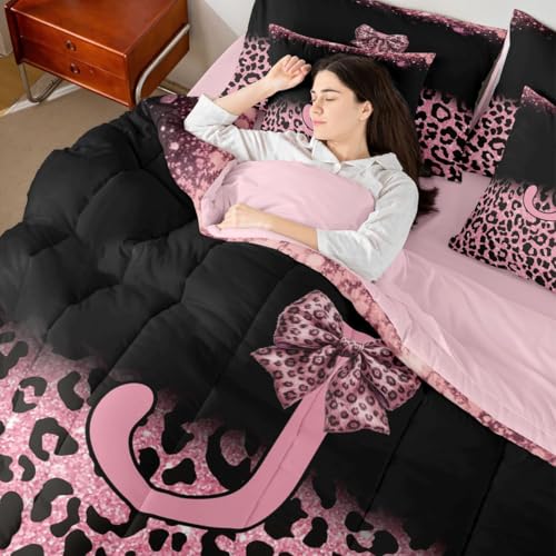Image of Feelyou Bow Initial Letter J Comforter Set with Sheets 7 Piece Queen Size Glitter Leopard Print Bed in a Bag Kids Boys Girls Girly Bow Bedding Set Bedroom Decor Breathable Soft Lightweight Microfiber