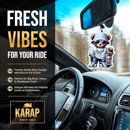 Image of Car Air Freshener. Hanging Card Style for Rearview Mirror, Adorable Design With Long-Lasting Scent (Black Ice.) Decorative & Scented Auto Accessory.
