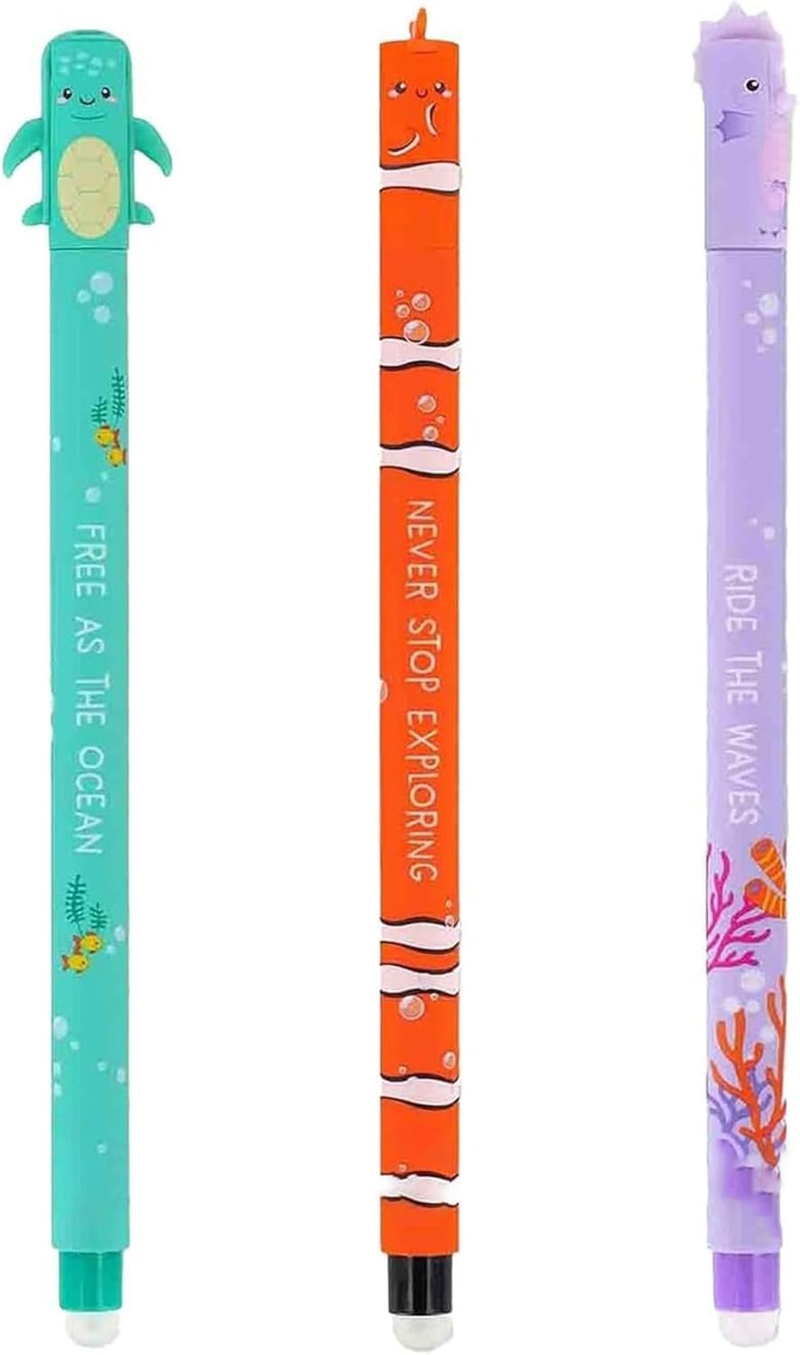 Generisch Stylos à encre gel effaçables, lot de 3, motifs marins (tortue, hippocampe, poisson-clown) – idéaux pour les enfants, les écoliers et l’école pour l’écriture et le dessin