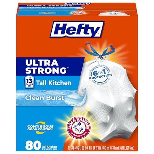 Image of Hefty Ultra Strong 13 Gallon Trash Bags, Tall Kitchen Trash Bags 13 Gallon Size, Drawstring Closure, Continuous Odor Control, White, Clean Burst Scent, 80 Bags